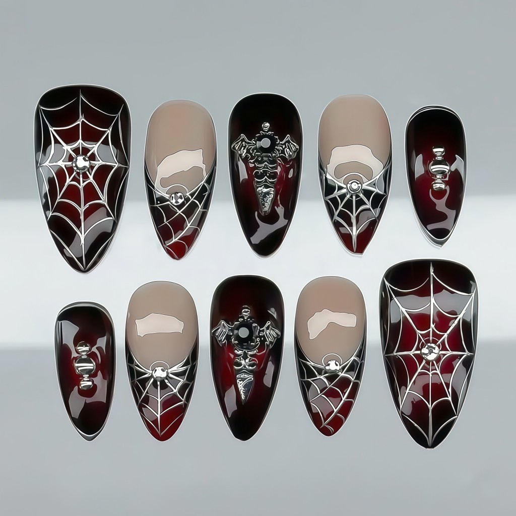 Dark Wine Red Short Almond Halloween Spider Web Nails - เล็บโลหะโกธิคสําหรับผู้หญิง
