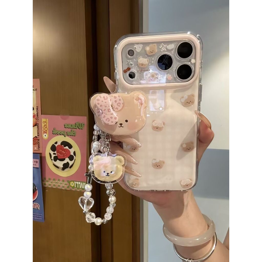 เคสโทรศัพท์ เหมาะสําหรับ iPhone 11 12 13 14 15 16 17 Pro max ลายสก๊อตหมี + วงเล็บ Shock-proof กันกระแทกป้องกันกรณีรวมทุกอย่างกรณี N0EW