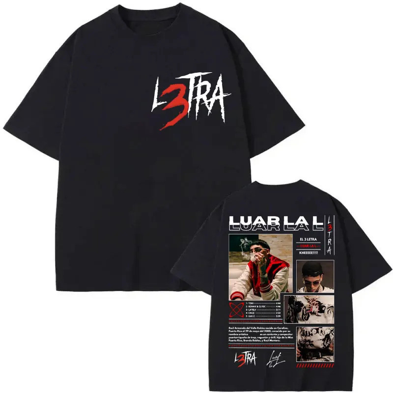 เสื้อยืดลายกราฟิกของแร็ปเปอร์ Luar La L พร้อมลายอัลบั้มเพลง L3TRA พิมพ์สองด้าน เสื้อยืดแฟชั่นฮิปฮอปส