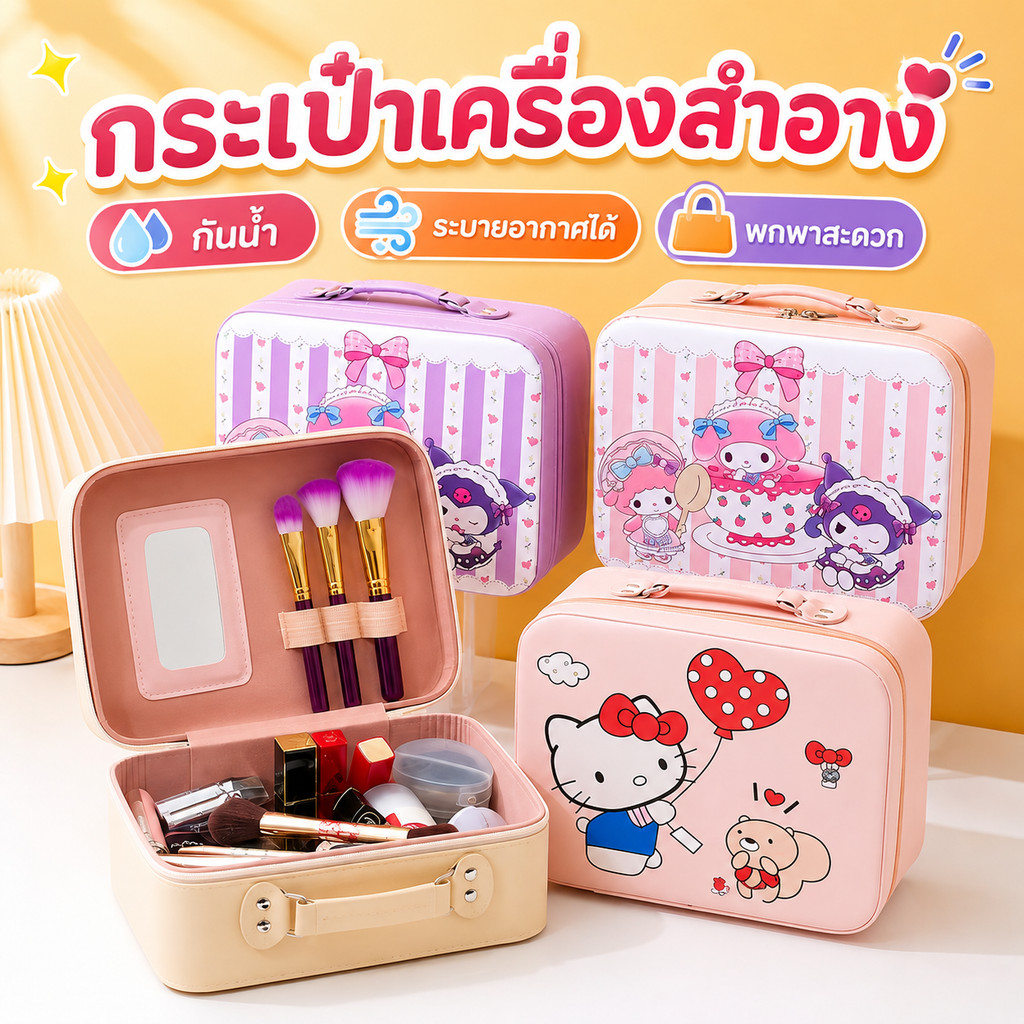 🔥พร้อมส่ง🔥กระเป๋าเครื่องสำอางเด็ก Sanrio น่ารัก กระจกใหญ่ PUทนทาน พกพาง่าย ความจุเยอะ ของขวัญเด็กหญิ