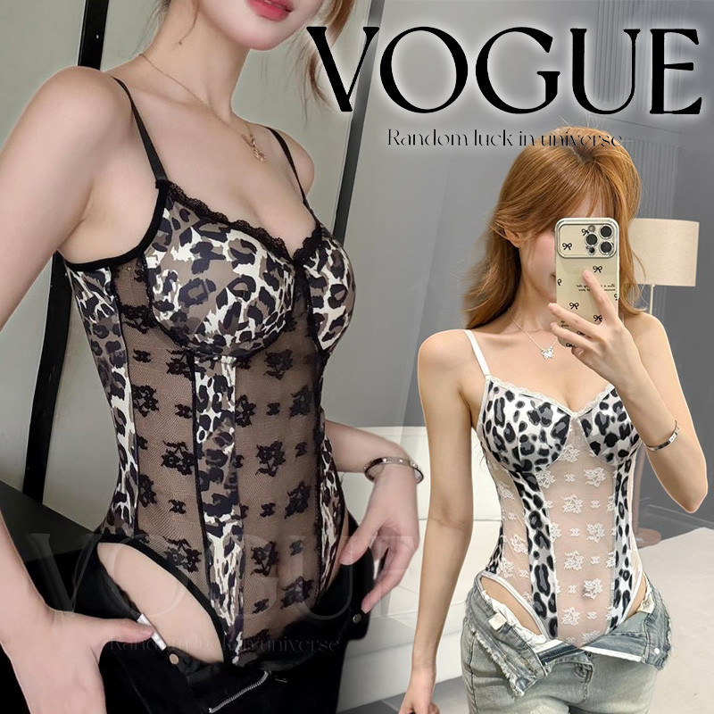 Vogue🌟พร้อมส่ง🌟 ชุดบอดี้สูทสายเดี่ยว ลายเสือดาวผ้าลูกไม้เซ็กซี่ สำหรับผู้หญิงมีฟองน้ำ สายปรับได้ (FY3022)
