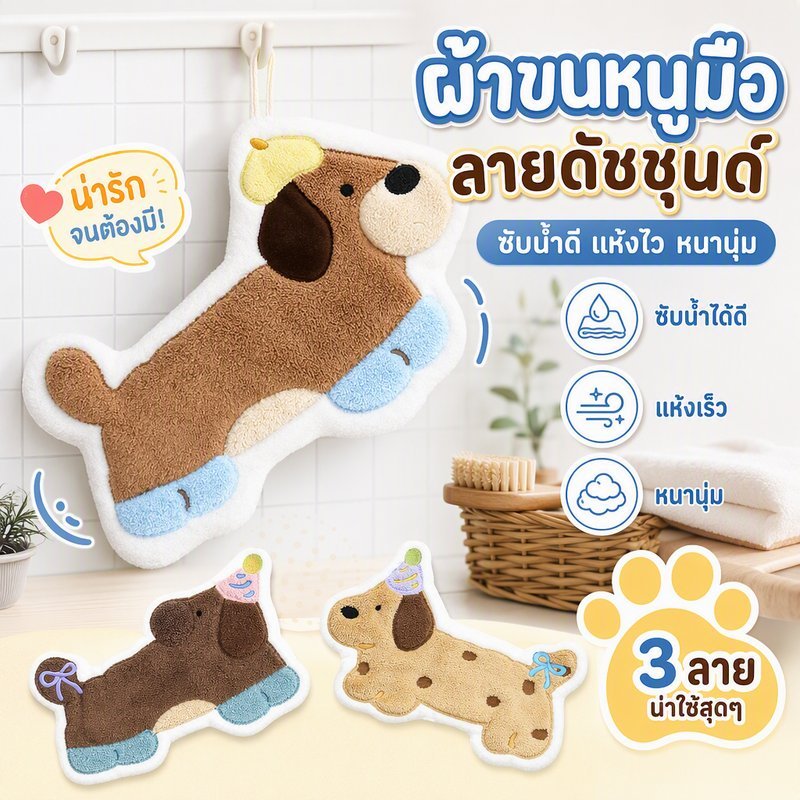 ผ้าขนหนูมือ ลายการ์ตูนน่ารัก ซับน้ำได้ดี แห้งเร็ว หนานุ่ม แขวนห้องน้ำ ห้องครัว อเนกประสงค์ ดัชชุนด์
