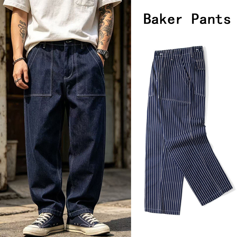 OKONKWO ผู้ชาย OG‐107 Baker Raw-color Denim Wabash-stripe หลวม-fit Cargo Work กางเกงกางเกง