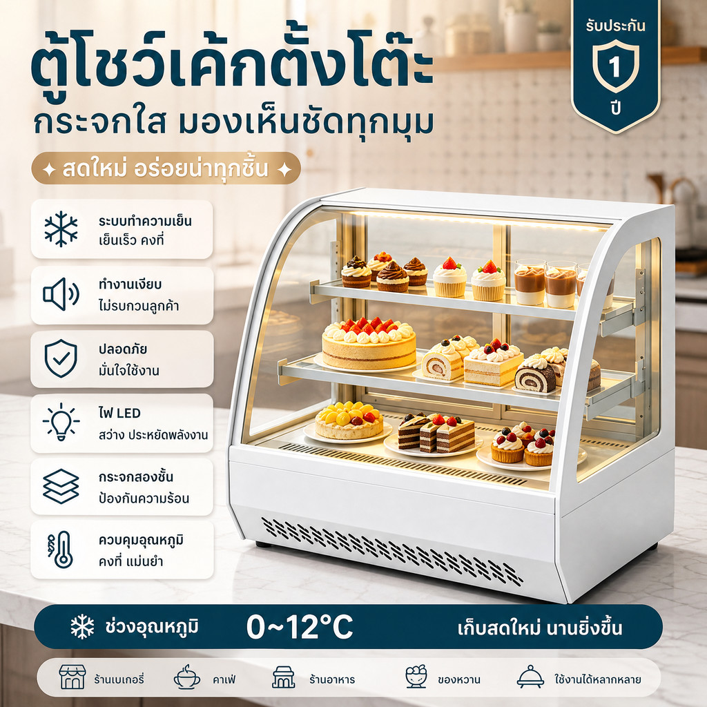ตู้แช่แสดงเค้กขนาดเล็กแบบตั้งโต๊ะ ทรงเหลี่ยม ระบบลมรักษาความสด เหมาะเก็บผลไม้และเพสตรี้ Cake Display Fridge