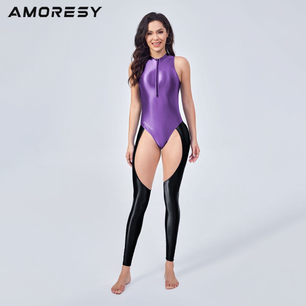AMORESY Freya Series ซิปด้านหน้า Hollow แขนกุด Spandex เลกกิ้งว่ายน้ําฟิตเนสวิ่ง