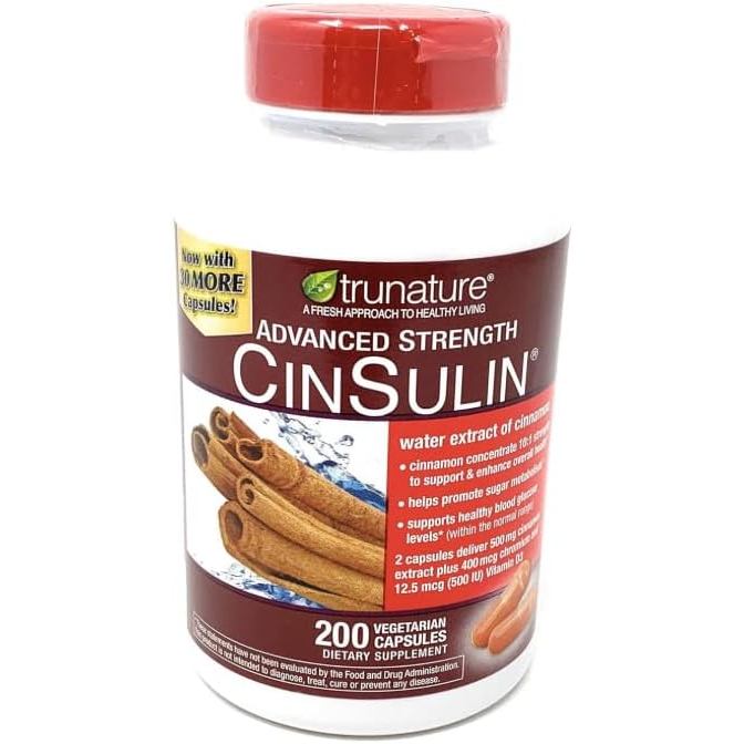 trunature Cinsulin Advanced Strength อาหารเสริมสารสกัดอบเชย Water Extract 200 ชิ้น Vegetarian Capsules ผลิตภัณฑ์เสริมอาหารชนิดแคปซูลวีแกนสำหรับรับประทาน