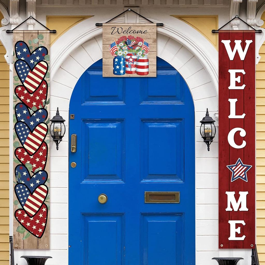Tradder 3 ชิ้น 4th of July ตกแต่งกลางแจ้ง 250th Anniversary แบนเนอร์สีแดงสีขาวสีฟ้ารักชาติ American 