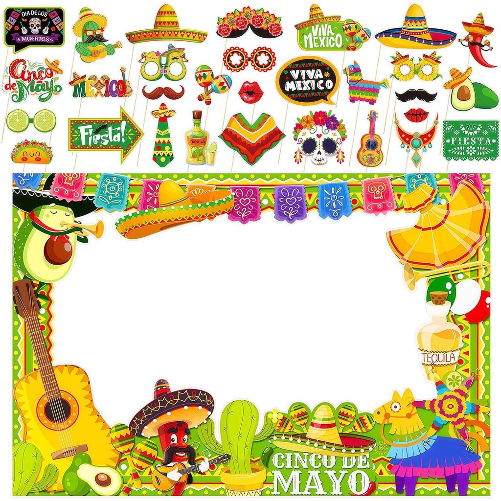 31 แพ็ค Fiesta เม็กซิกัน Photo Booth Props, Cinco de Photo Booth กรอบเม็กซิกัน Photo Booth Props สํา