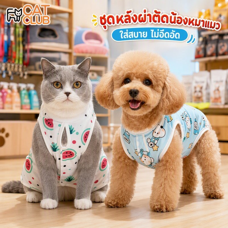 ชุดทำหมันแมว หลังผ่าตัด กันเลีย แผ่นหลังเปิดได้ ผ้าฝ้ายยืด ระบายอากาศ ลายการ์ตูน ปรับขนาด