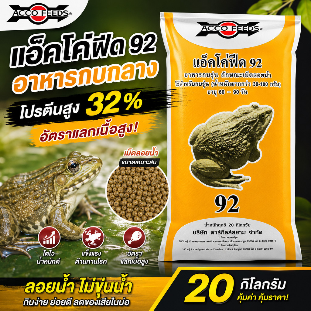 ของใหม่ พร้อมส่ง แอ็คโค่92 อาหารกบ กบกลาง  โปรตีนสูง 32% (20 kg.)