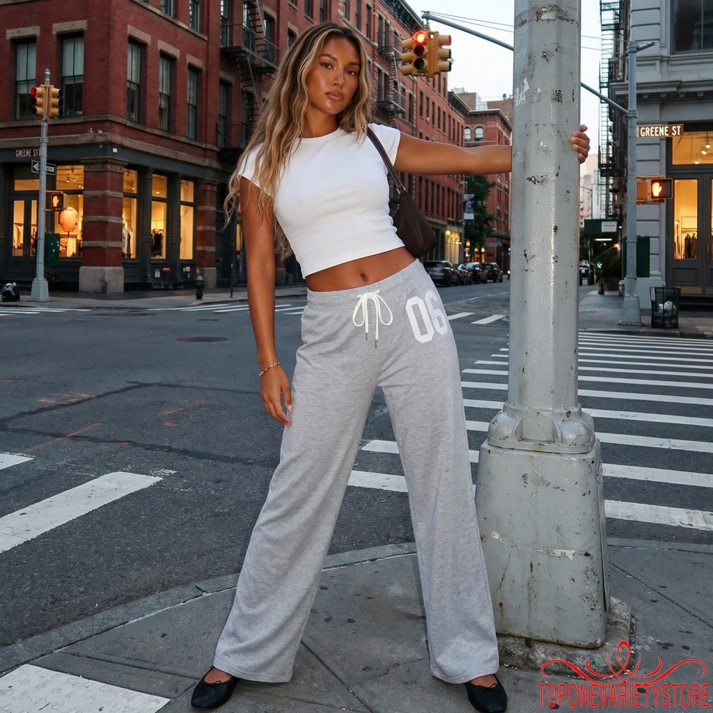 Topone-Women Straight Leg Sweatpants Number Print Loose Joggers กางเกงออกกําลังกาย
