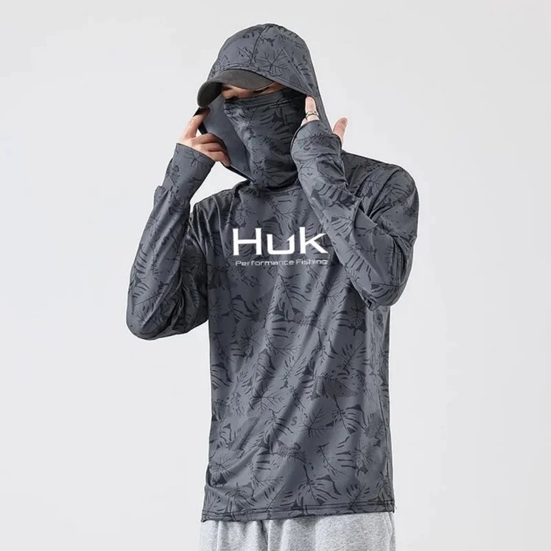 เสื้อกันหนาวมีฮู้ดตกปลาผู้ชาย เสื้อกันหนาวมีฮู้ดป้องกันรังสียูวี Camiseta De Pesca เสื้อผ้ามีฮู้ดสีเทาสีขาว