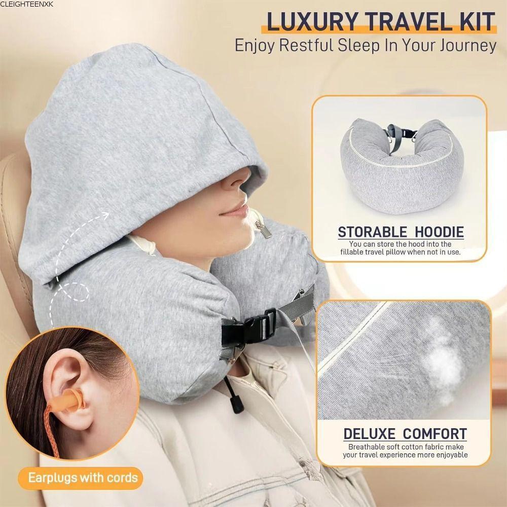CLEIGHTEEN8H หมอนรองคอสําหรับเดินทาง, เติมได้ด้วย Hood หมอนรองคอเครื่องบิน, ปรับพร้อมถุงเก็บ Light-b