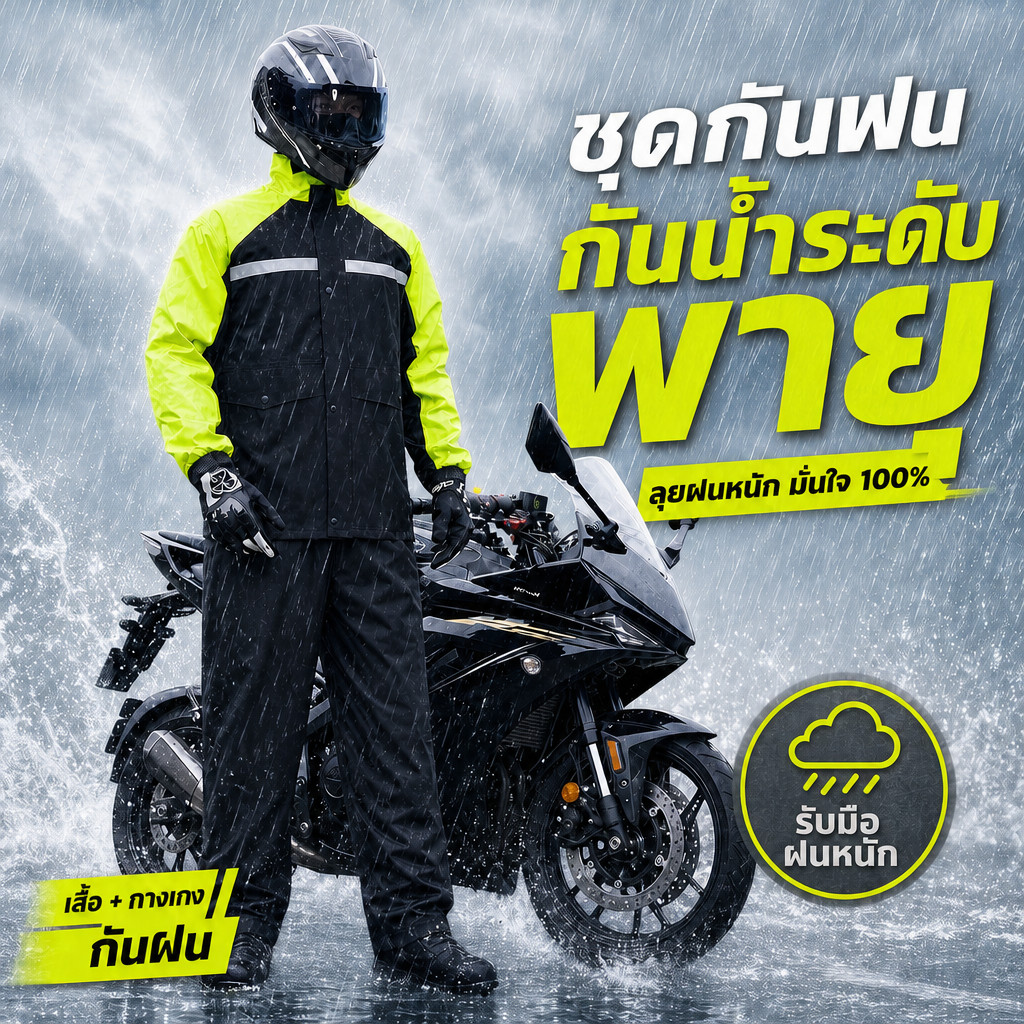 ไม่มีน้ำรั่วสักหยด ชุดกันฝน เสื้อกันฝน Raincoat Suit ชุดเสื้อ กางเกง มีแถบสะท้อนแสง รุ่นหมวกติดเสื้อ