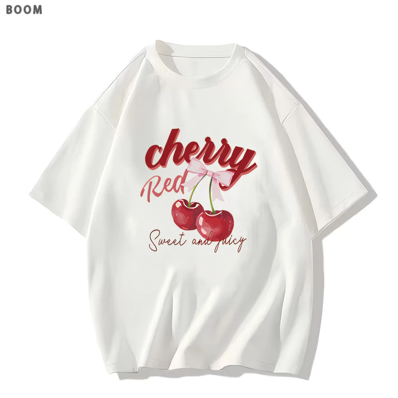 COD✅ (ส่งจากกรุงเทพ)BOOM Shop เสื้อยืด oversize -🍒แฟชั่นหวานเชอร์รี่ตัวอักษรพิมพ์เสื้อยืดผู้หญิงแขนสั้น