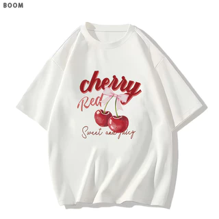 COD✅ (ส่งจากกรุงเทพ)BOOM Shop เสื้อยืด oversize -🍒แฟชั่นหวานเชอร์รี่ตัวอักษรพิมพ์เสื้อยืดผู้หญิงแขนสั้น