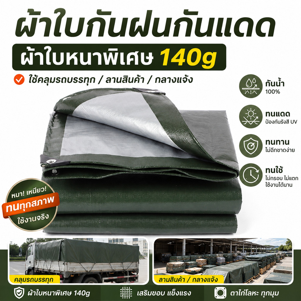 【ซื้อ 1 แถม 1】ผ้าใบกันน้ำสีเขียว หนา ทนแดด ทนฝน มีตาไก่ คลุมรถ คลุมสินค้า ใช้งานกลางแจ้ง