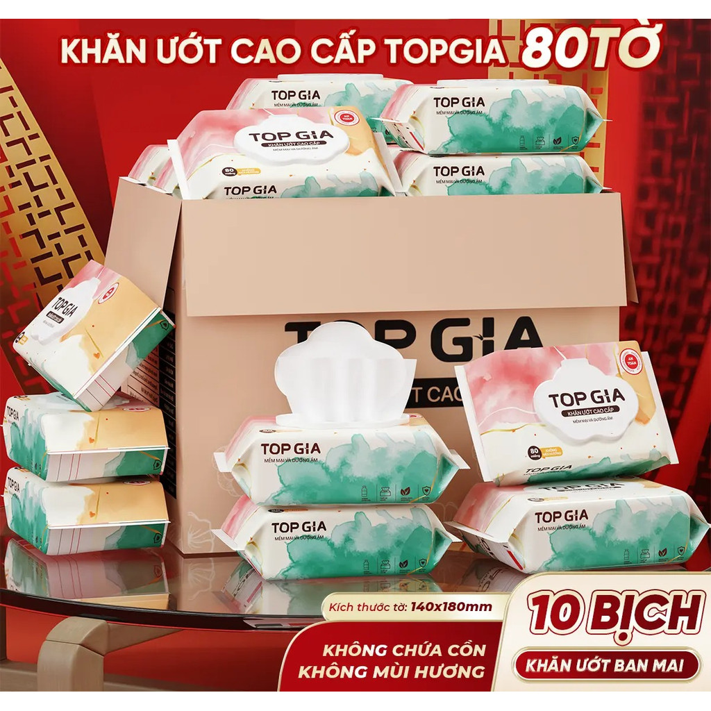 [PREMIUM] Combo 10 แพ็ค - Top Gia Ban Mai Wet Towel 80 แผ่น ไม่มีกลิ่น ปราศจากพาราเบน นุ่มคุณภาพสูง