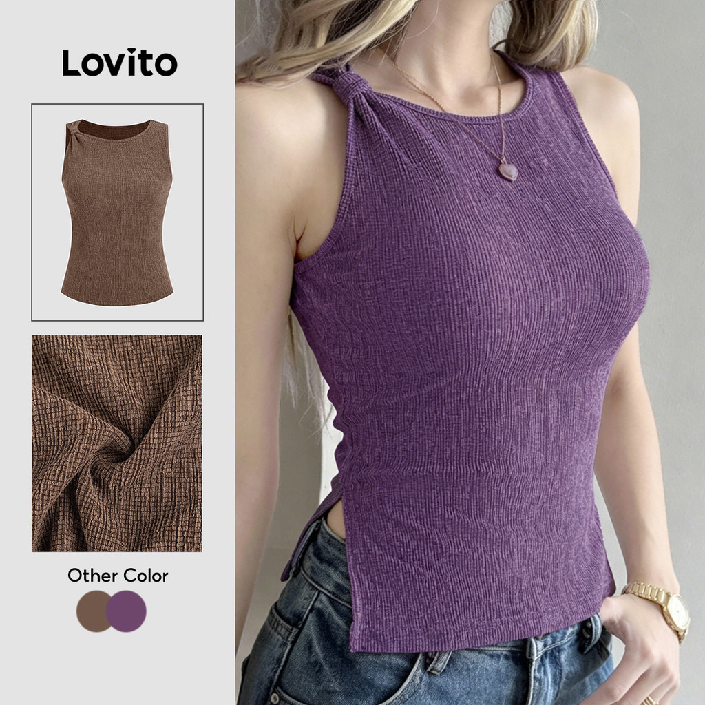 (New Arrival) Lovito เสื้อเบลาส์สีม่วงแบบสบาย ๆ สไตล์สปริง/ซัมเมอร์ที่ใช้งานได้หลากหลายสําหรับผู้หญิง เกาหลี อินเทรนด์ LK7AD400