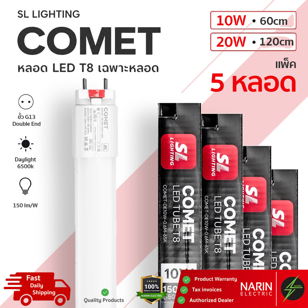 (แพ็ค 5) หลอด LED 10W 20W T8 SL LIGHTING รุ่น COMET 60cm 1500lm / 120cm 3000lm แสงขาว Double End หลอ