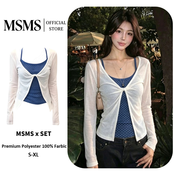 Camisole Cardigan Two‑Piece Set เซตเสื้อกล้ามจุดโพลก้า+เสื้อคลุมผูกหน้าแขนยาว ชุดเซต2ชิ้น S‑XL