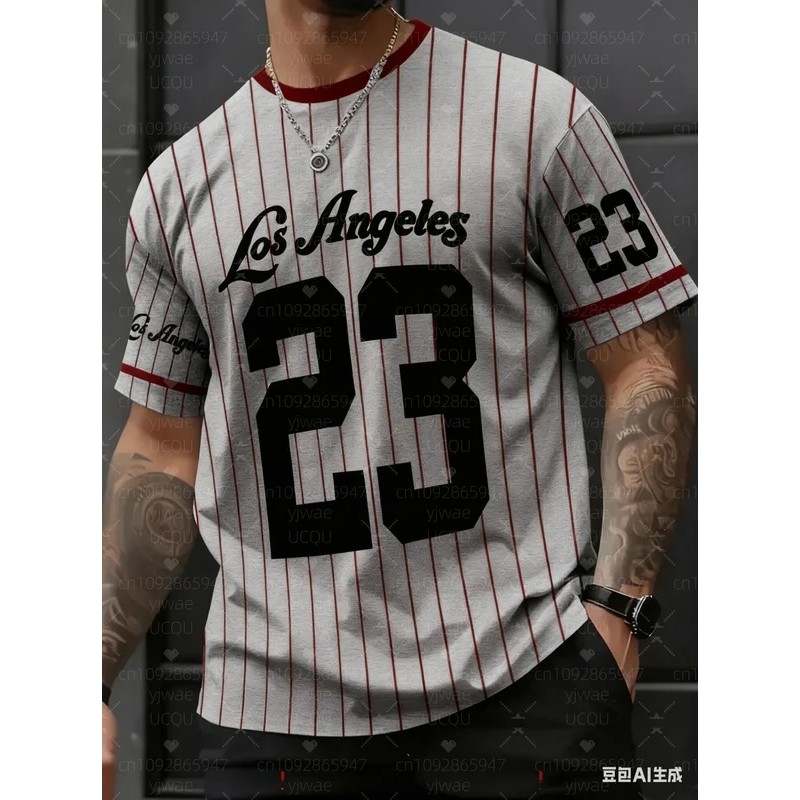 ลายทาง 23 Los Angeles พิมพ์ V คอแขนสั้นเสื้อยืดฤดูร้อนกราฟิก Tee เสื้อเบสบอล Plus ขนาดผู้หญิงผู้ชายก