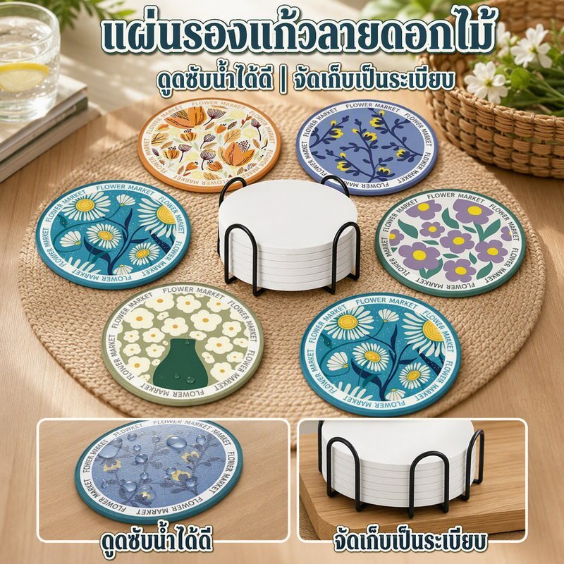 ที่รองแก้ว เซรามิก ที่รองแก้วดูดซับน้ำลายดอกไม้ กันลื่น แห้งไว ใช้ในบ้าน ชุด 6 แผ่น พร้อมชั้นวาง