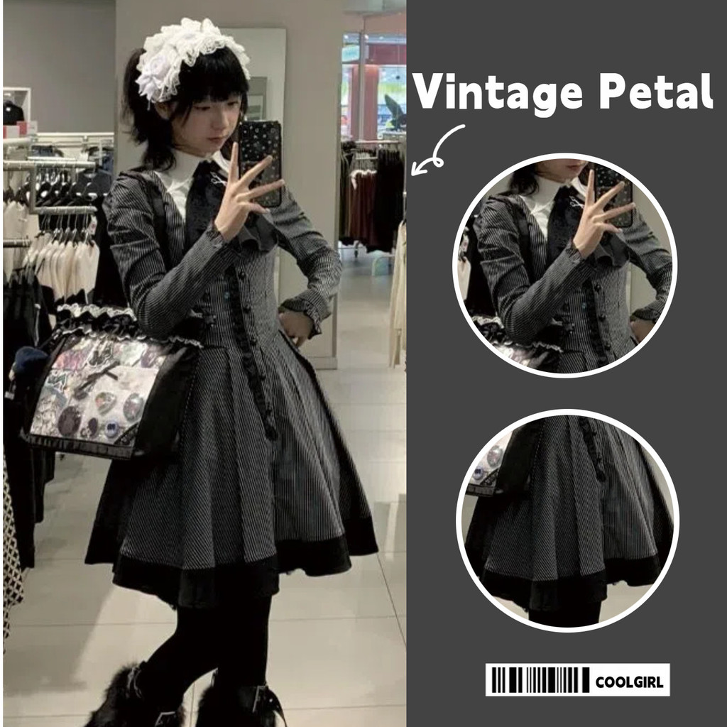 Gothic Dark สีดําสีขาวลายออกแบบ lolita Sweet Cool lolita Gothic แคบเอว Retro Dress
