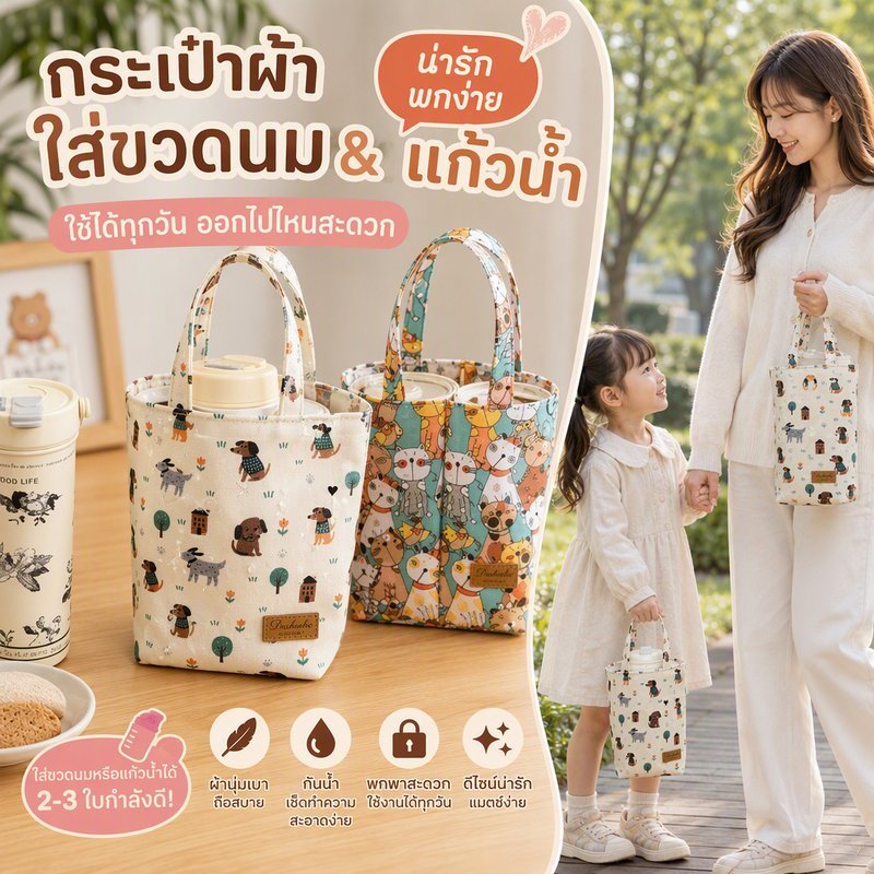 ถุงใส่แก้วน้ำ 2 ช่อง เปลี่ยนได้ทันที ถ้วยเดี่ยว ถ้วยคู่ กันน้ำ โพลีเอสเตอร์ พับได้ ลายการ์ตูน