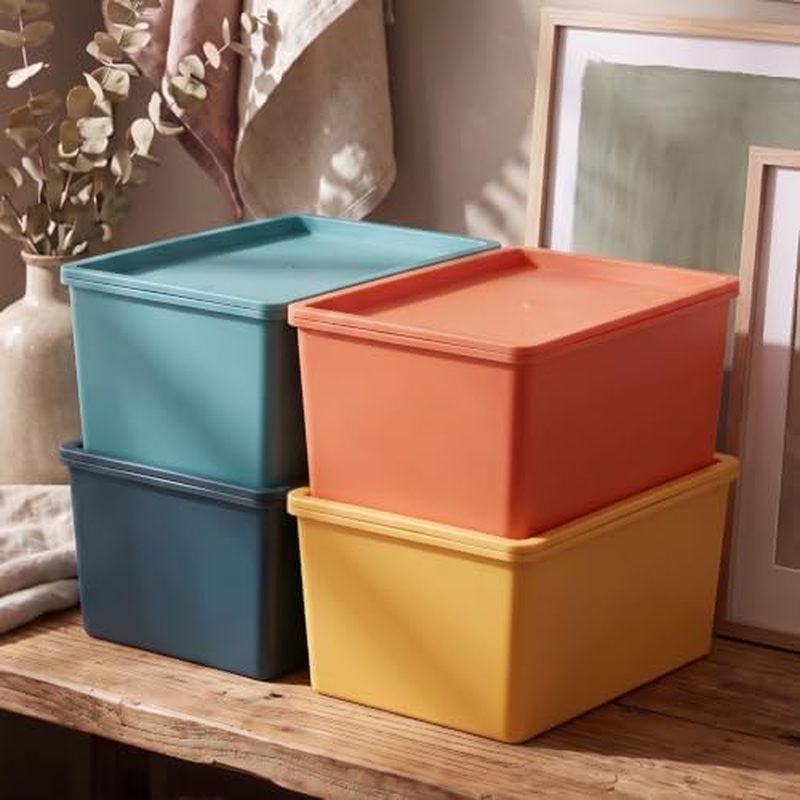 Menkxi 4 ชิ้นขนาดใหญ่สีสันถังเก็บพร้อมฝาปิด 10.6 X 7.5 X 4.7 นิ้วตะกร้าเก็บพลาสติก Stackable Storing
