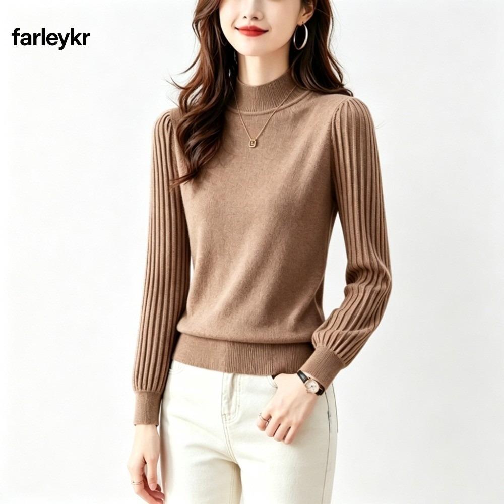 Frl แขนโคมไฟเสื้อกันหนาว,สไตล์เลเยอร์สีทึบเสื้อม็อกคอ,ลําลองสลิมฟิตลําลองแขนยาวถักเสื้อด้านบนสวมใส่ท