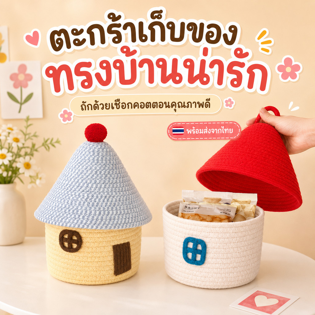 กล่องเก็บของทรงบ้าน เชือกคอตตอนถัก มีฝาปิด กล่องใส่ของเล่นเด็ก มินิมอล จัดระเบียบโต๊ะ Desk Organizer พร้อมส่ง