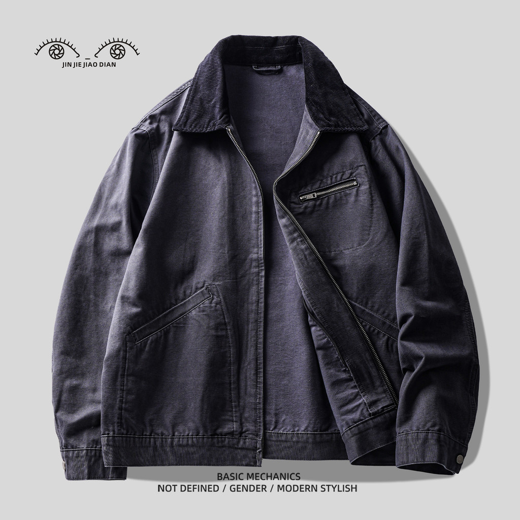 Barn Style Retro Washed Matte Blue Pure Cotton Overalls Jacket Men Autumn New American Lapel Jacket