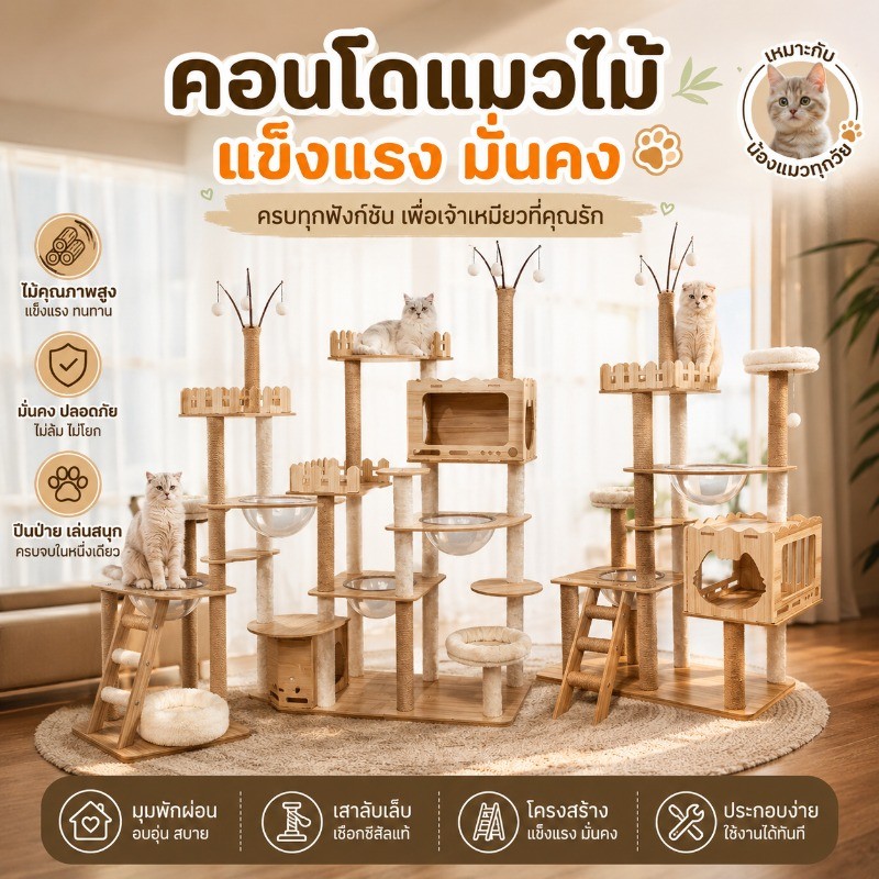คอนโดแมวแข็งแรงมาก คอนโดแมวคอนโดแมว ที่นอนแมว เสาลับเล็บแมวได้ ไม่โยกเยกบ้านแมวแบบไม้งานไม้ทั้งหลัง