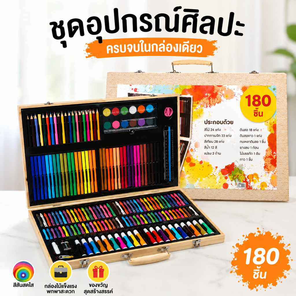 ชุดสีไม้ 180 สี สีเทียน สีน้ำ สีเมจิก สีสวย ระบายง่าย ชุดอุปกรณ์วาดรูป สำหรับเด็กและทุกวัย