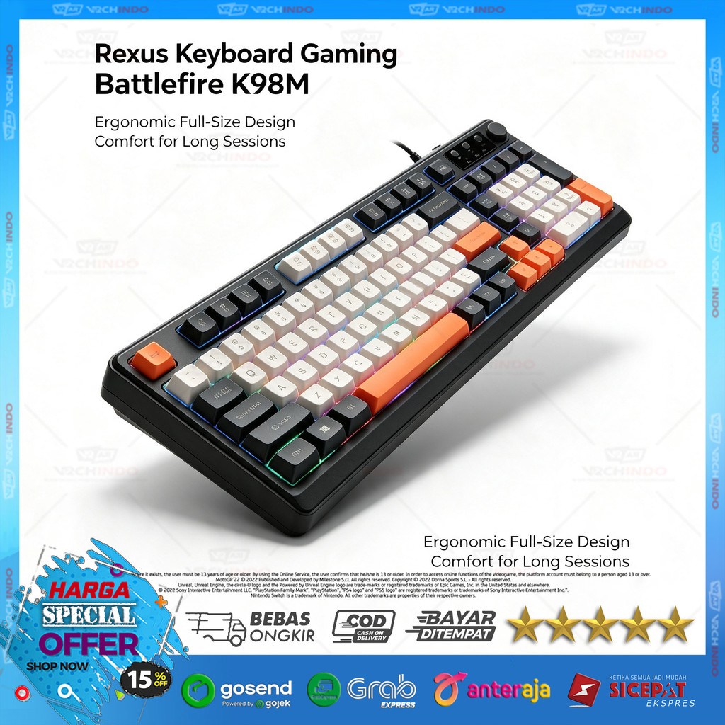 คีย์บอร์ด RGB / คีย์บอร์ดเกมมิ่ง / Membrane Rexus K98M 98-Key USB PC Rounded Keycaps