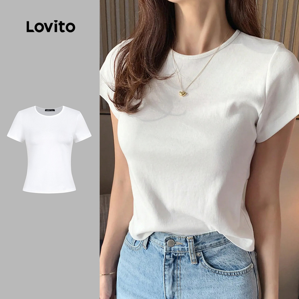 Lovito แคชชวล เสื้อยืดคอกลมแบบสบาย ๆ นุ่มและสบายสำหรับฤดูใบไม้ผลิ/ฤดูร้อน เสื้อยืดสีขาวสำหรับผู้หญิง L143ED546