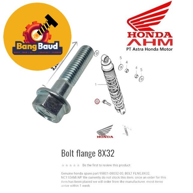 MBS INDO BOLT FLANGE M8 32 mm 95801-08032-00 REAR SHOCK BOLT HONDA PCX ADV VARIO. 3.2 ซม. LONG SHOCK