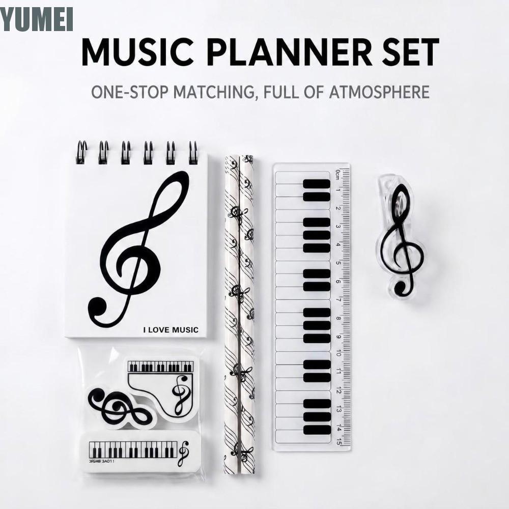 YUMEI 7/8 ชิ้นชุดเครื่องเขียน, ธีมดนตรีเปียโน Treble Clef พิมพ์ยางลบดินสอ, Kawaii Pocket Notebook
