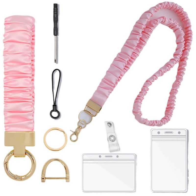Scrunchie Lanyard ผ้าซาตินสีดํายืดพร้อม ID ผู้ถือคลิปกุญแจโทรศัพท์ Tab ครูของขวัญ
