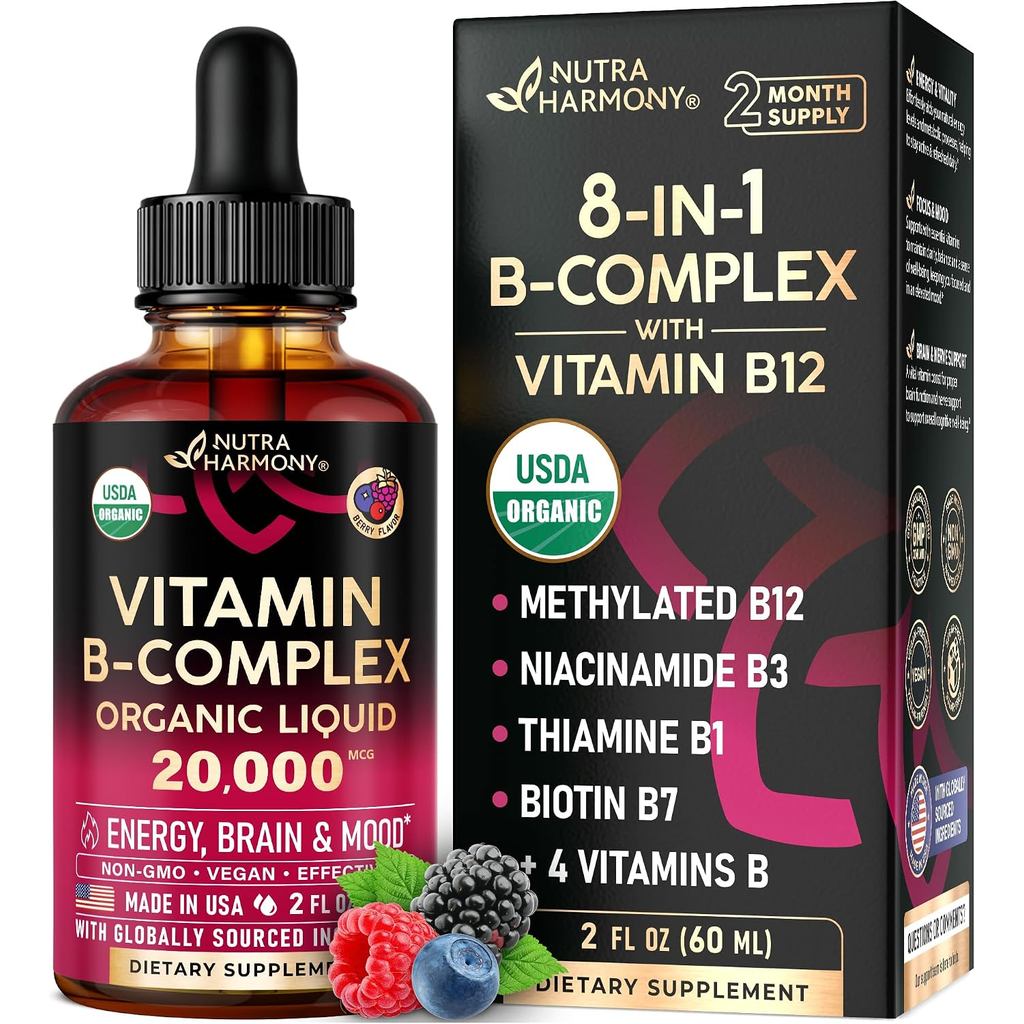 USDA Organic Vitamin B Complex Vitamin 2,000 Micrograms-B5, B12, B1, B6, B7, B9, B3-2 ออนซ์