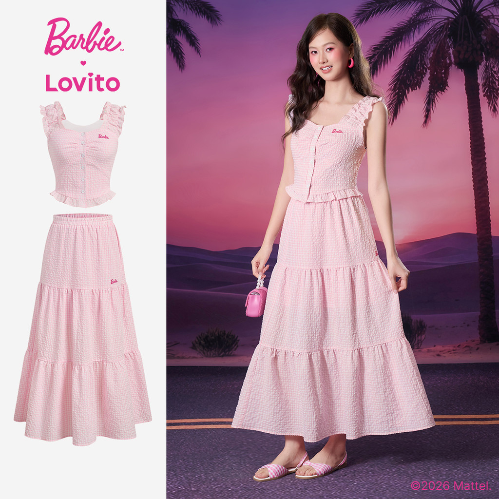 (KOL's pick) Barbie™ X Lovito กระโปรงสีชมพูผู้หญิง ฤดูใบไม้ผลิ/ร้อน ไม่มีแขน คอสี่เหลี่ยม เอวกลาง ทรงเอ ขอบผักกาด ปักลายและกระดุมหน้า เกาหลี อินเทรนด์ LBL5AD018