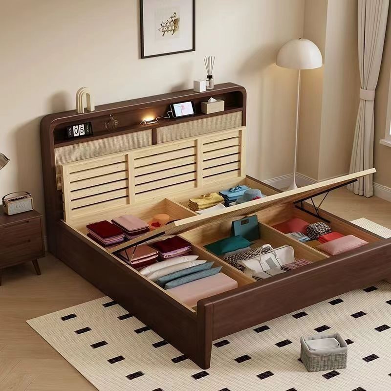 Ancient Chinese Style Solid Wooden Bed Frame Storage with Night Light Multifunctional Rattan Bed Sol