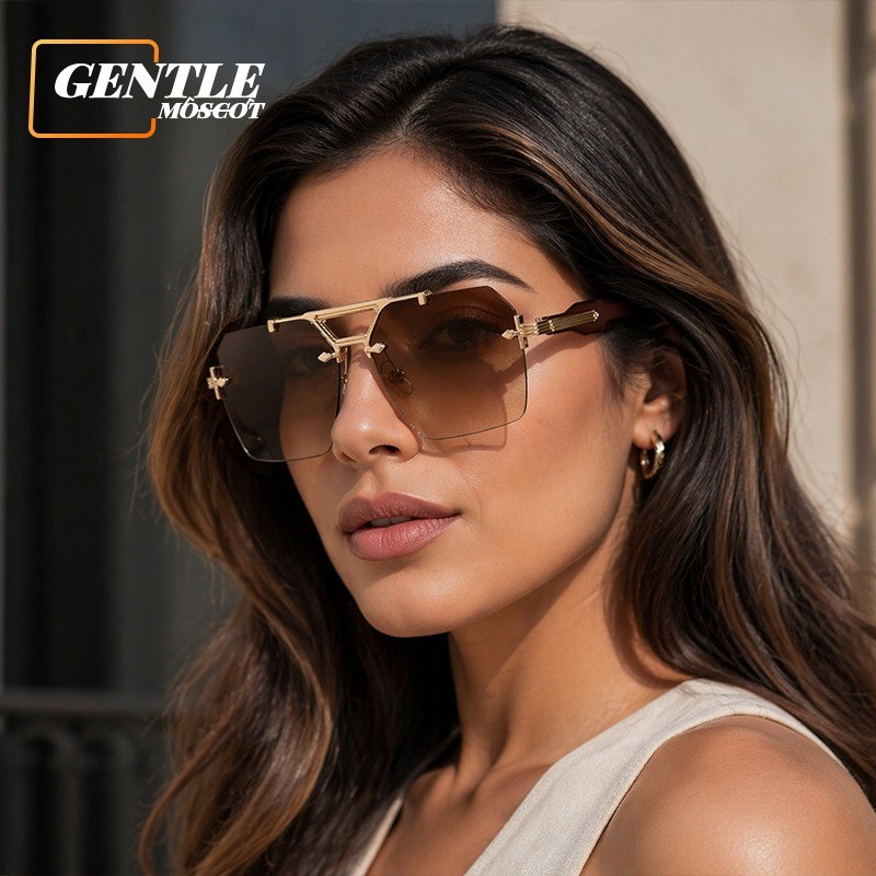 (GENTLE MOSCOT)Stylish Western Style Retro Rimless Square แว่นกันแดดขนาดใหญ่สําหรับผู้หญิงและผู้ชาย 