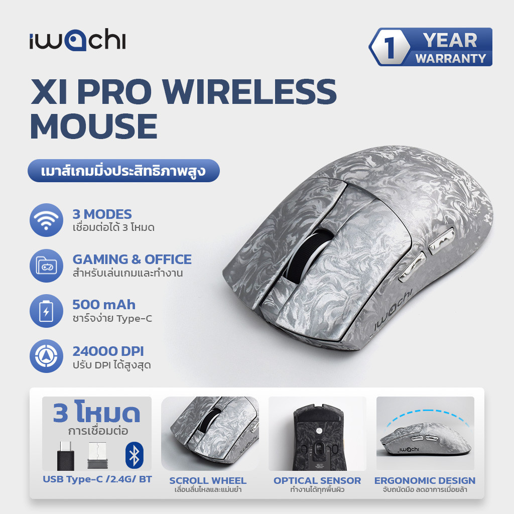 IWACHI เมาส์ไร้สาย Wireless Mouse X1PRO รองรับ 3 โหมดการเชื่อมต่อ (2.4G/Bluetooth/Type-C)