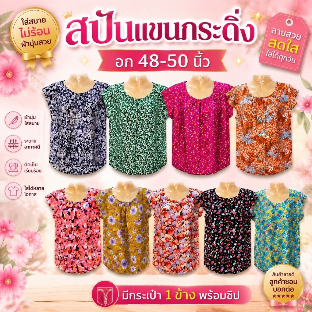 สปันแขนกระดิ่ง อก48-50 นิั้ว แขนระบาย ผ้าสปัน ผ้านิ่มใส่สบาย มีกระเป๋า 1 ข้าง เสื้อคอพวง p03