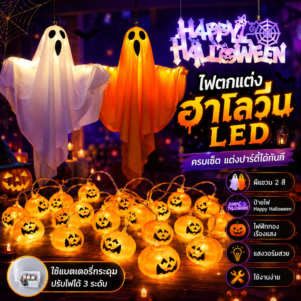 👻ส่งไว👻ชุดไฟตกแต่งฮาโลวีน LED ผีแขวนเรืองแสง ไฟฟักทอง ไฟป้าย Happy Halloween สร้างบรรยากาศปาร์ตี้ แต่งบ้าน ห้องนอน