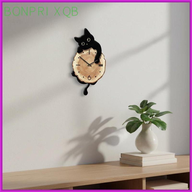 [bonprixqb] Feline Wall Timepiece แขวน Feline Shaped Timepiece แบตเตอรี่ดําเนินการตกแต่งบ้าน