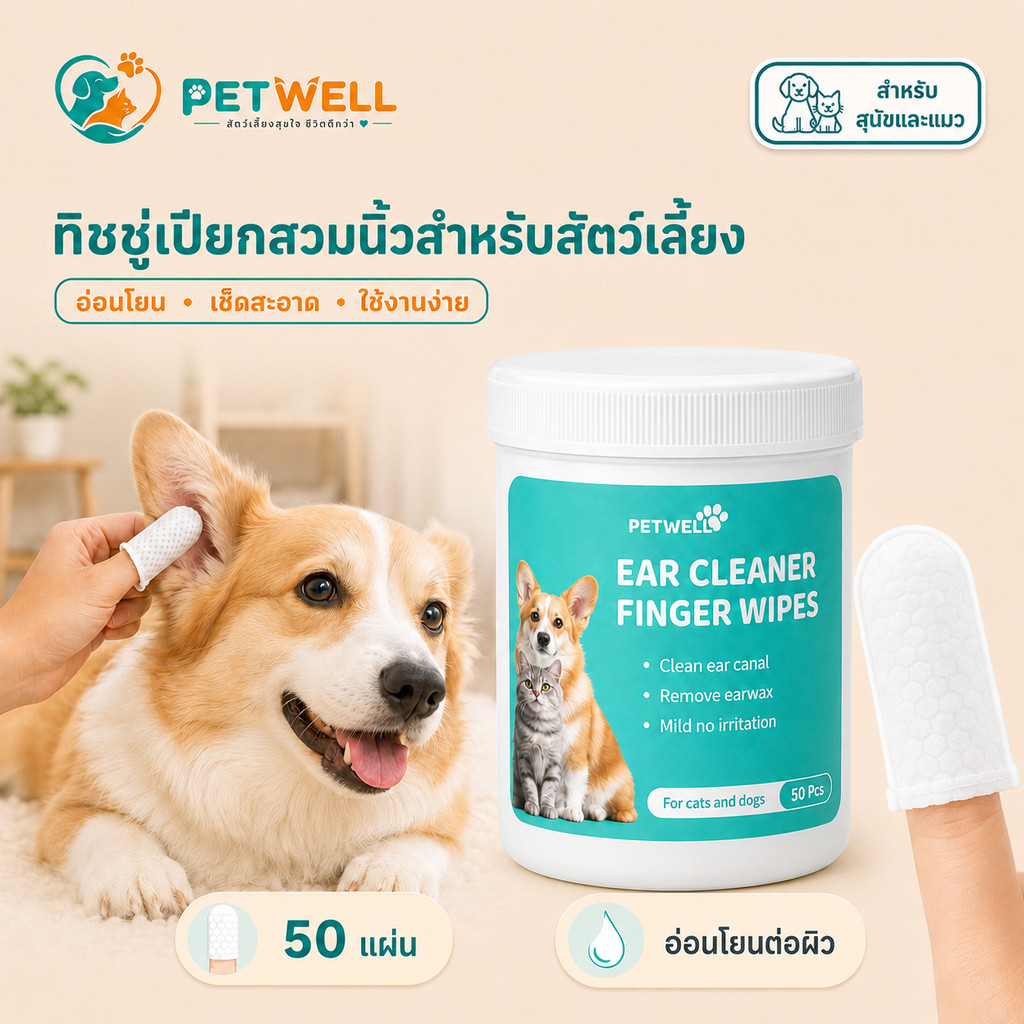 ผ้าเช็ดทำความสะอาดหูสัตว์เลี้ยง สัตว์เลี้ยงแปรงฟัน PETWELL ผ้าเช็ดทำความสะอาดฟันสุนัขและแมว ช่วยขจัดคราบและตะกรัน