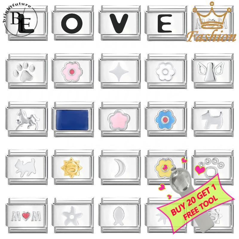 Moon ดอกไม้อิตาเลี่ยน Charm สร้อยข้อมือ Fit 9 มม.สร้อยข้อมือสแตนเลสเครื่องประดับทําอุปกรณ์เสริม DIY Retro บุคลิกภาพโมดูลสร้อยข้อมือ